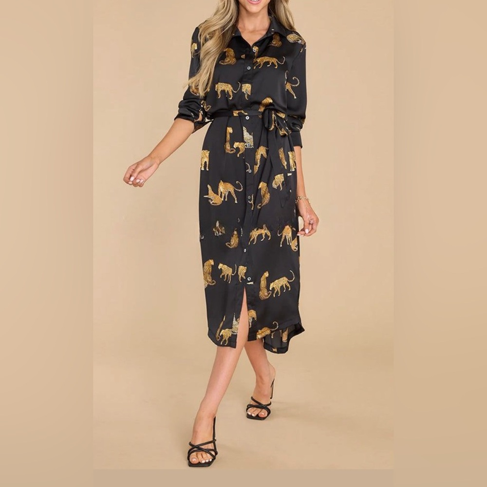 Red Dress Boutique Black Gold Leopard Print Button Front Midi Shirt Dress Belt